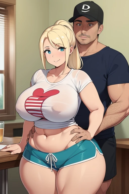 High resolution, (((two people in picture))), (one is a mature white girl, (((bimbo))), thick, long blonde, ponytail, she is smiling , very big wide hips, thick thighs, hourglass figure, small round breast, ((she's wearing dolphin shorts)), a table is in between her and viewer, she's bent over the table), (the other is a young muscular man, he's in shorts and a T-shirt, the man standing directly behind her, (((he's standing very close to her))), ((his hand is on her hip groping it)))