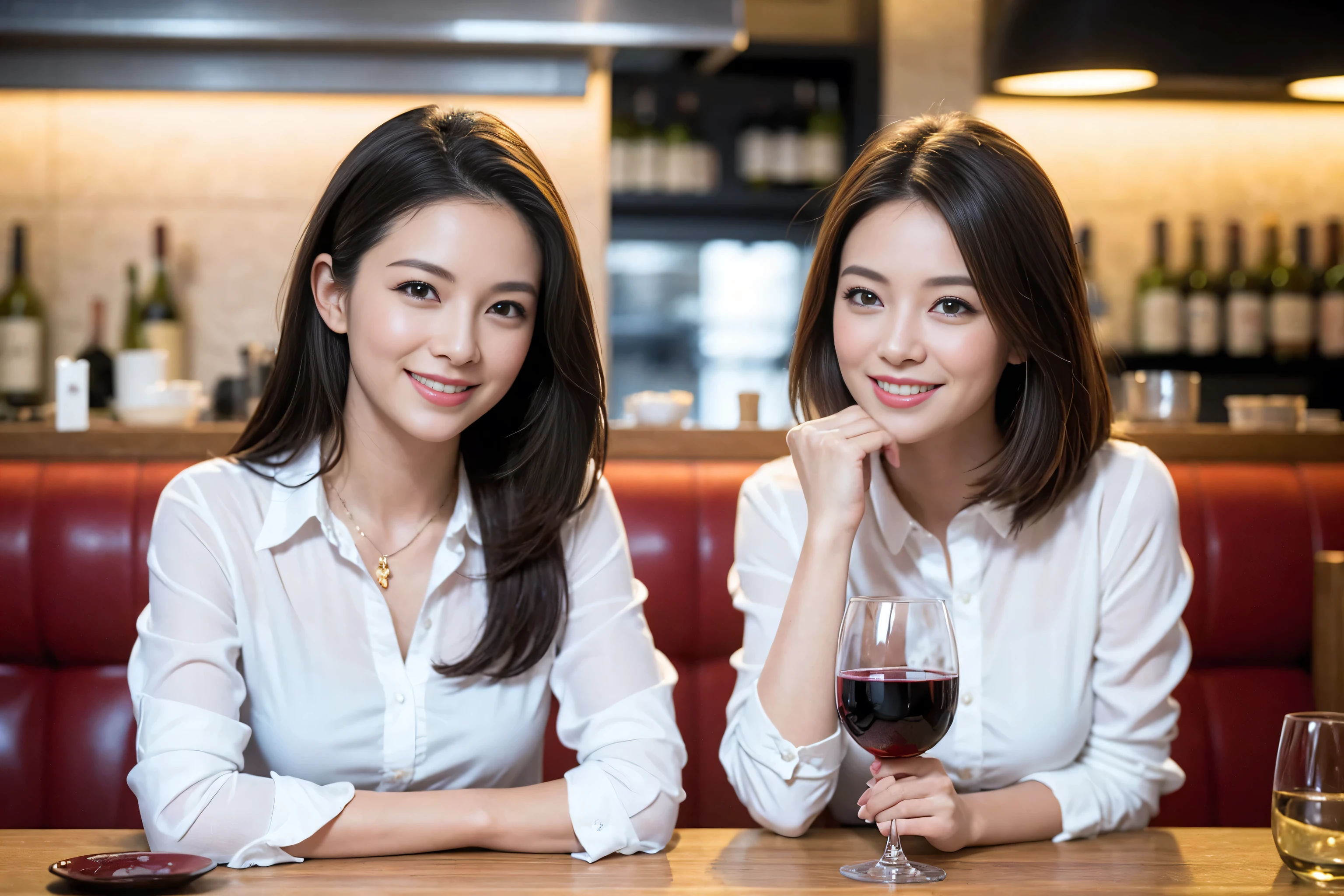 ((highest quality、8k、masterpiece:1.3))、1 male、1 female、Couple、Spouse、Satomi Ishihara-like beautiful couple、The body is slim、((Bob Hale、Straight hair:1.2)), (Realistic, Intricate details:1.2), Wine glass on the table、Shine light on your face、 Amazing view of the sunset sky and clouds、Amazing mountain views、A bright smile、The wonderfulness of smile、Bright image、The beauty of wine, Beautiful Face, blue eyes, The light shines on your face, Blushing, short hair,Bright Face、 (Age 35), 39 years old, red wine 、Appetizers、Italian food、Wine bottle、Champagne、sparkling wine、Two beauties、Brown Hair、Shortcuts、Long sleeve shirt、dress、Pretty Woman 1, (Slim face), (The body is slim), (Brown Hair), (Shortcuts), cheeks turn a little red,Attractive beauty、restaurant, In a prominent place (From the waist up) Nova Frog Style, actress, model, Upper Body, White wine, slim, wine glass, A wine glass placed in the center, smile, (smile: 1.15), Beautiful fine grain, Depth f/2,saturation, High Contrast, Strong light and shadow,Moist Body:1.5、3D texture、Delicate eyes、Brown Hair、The hair is very shiny、