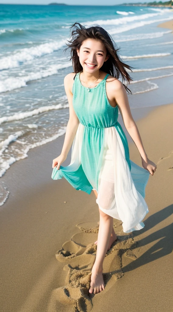 18year old、kawaii、tall、a smile、sand beach、Hands are out in front