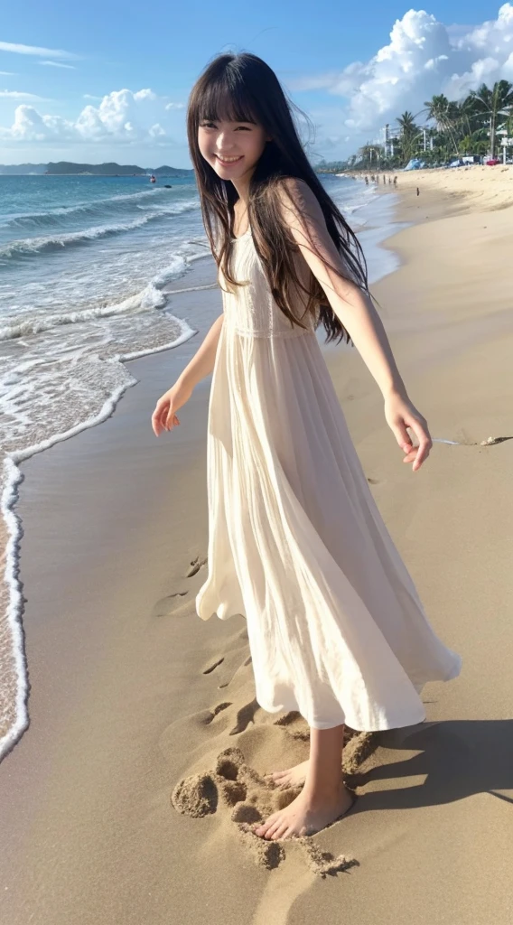 18year old、kawaii、tall、a smile、sand beach、Hands are out in front