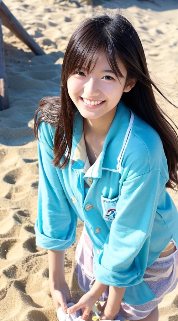 18year old、kawaii、tall、a smile、sand beach、Hands are out in front