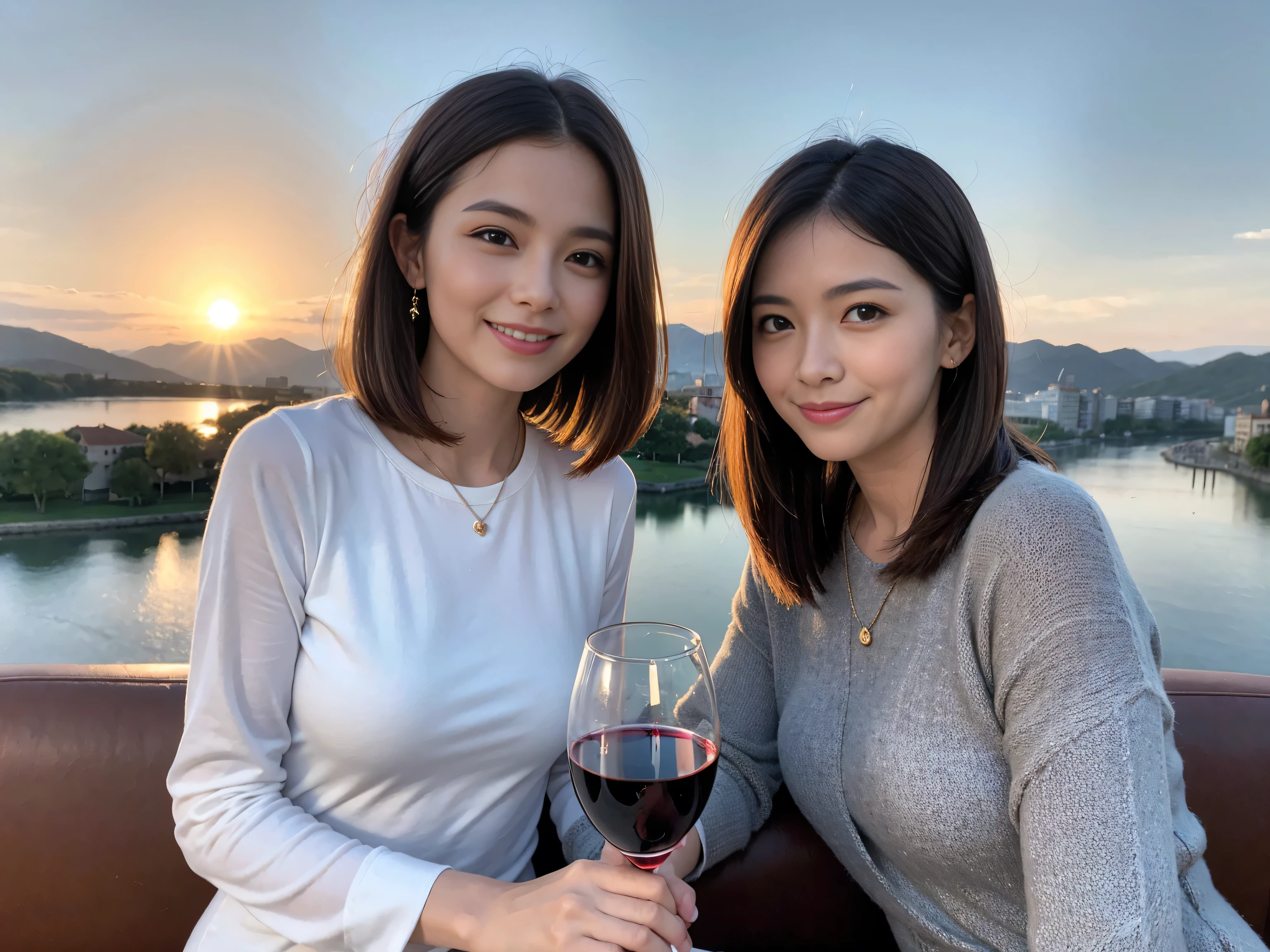 ((highest quality、8k、masterpiece:1.3))、1 male、1 female、Couple、Spouse、Satomi Ishihara-like beautiful couple、The body is slim、((Bob Hale、Straight hair:1.2)), (Realistic, Intricate details:1.2), Wine glass on the table、Shine light on your face、 Amazing view of the sunset sky and clouds、Amazing mountain views、A bright smile、The wonderfulness of smile、Bright image、The beauty of wine, Beautiful Face, blue eyes, The light shines on your face, Blushing, short hair,Bright Face、 (Age 35), 39 years old, red wine 、Appetizers、Italian food、Wine bottle、Champagne、sparkling wine、Two beauties、Brown Hair、Shortcuts、Long sleeve shirt、dress、Pretty Woman 1, (Slim face), (The body is slim), (Brown Hair), (Shortcuts), cheeks turn a little red,Attractive beauty、restaurant, In a prominent place (From the waist up) Nova Frog Style, actress, model, Upper Body, White wine, slim, wine glass, A wine glass placed in the center, smile, (smile: 1.15), Beautiful fine grain, Depth f/2,saturation, High Contrast, Strong light and shadow,Moist Body:1.5、3D texture、Delicate eyes、Brown Hair、The hair is very shiny、