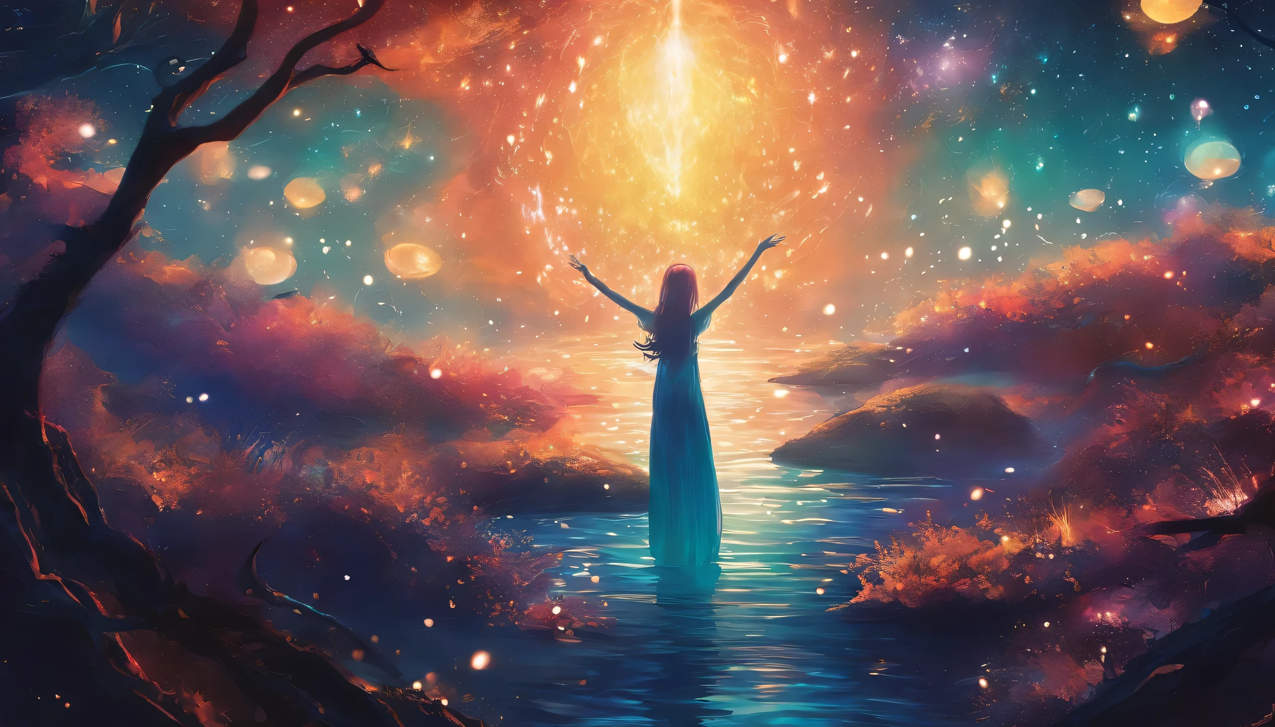 CG,Anime comic style,Surrounded by dark seawater,Sparkling,There is a shimmer at the top,The silhouette of a blurred person is in the middle of the picture,wide angles,The human form is constantly falling