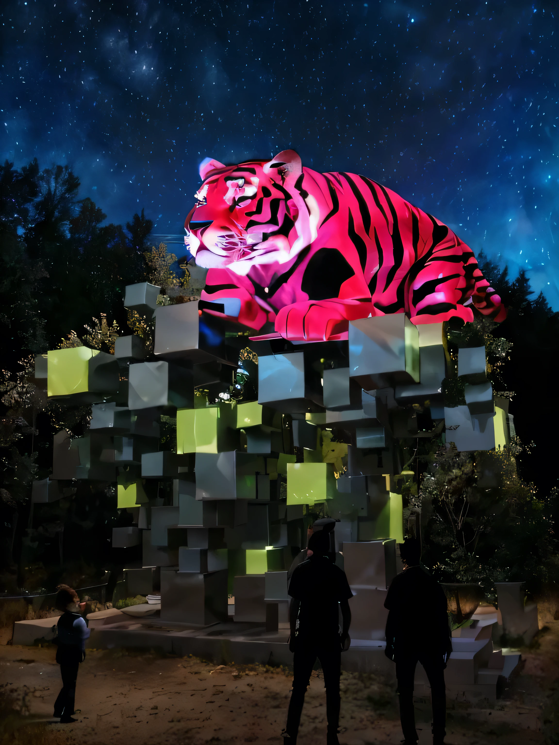 In the forest at night，On open land，An art installation made of a bunch of smooth stainless steel blocks of different sizes，Some glowing，There is a huge cartoon tiger lying on it，Cute and adorable，Background is starry sky，There are pedestrians around