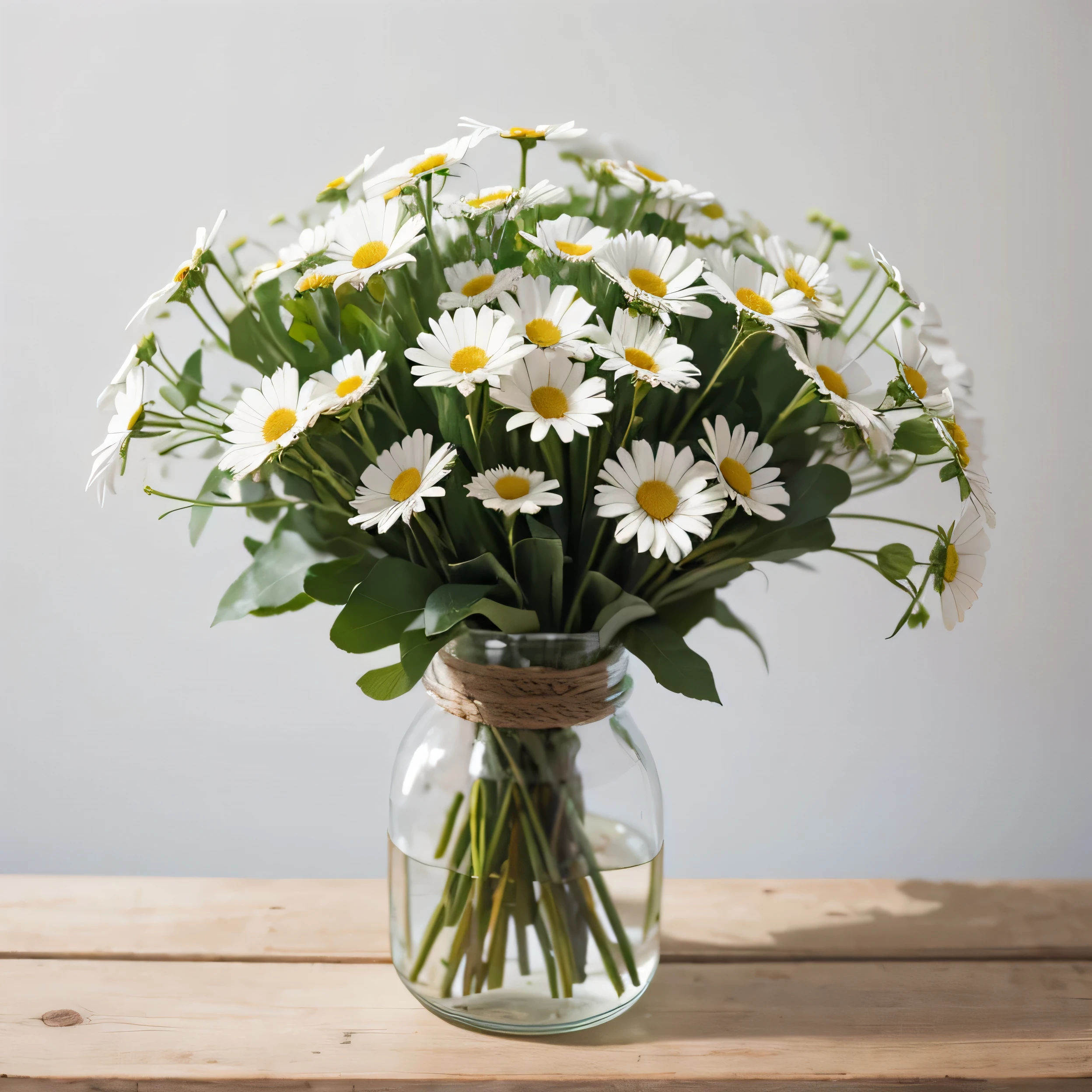 A bouquet of white daisies，Pure wood background，Minimalist style，Minimalist photography，best quality