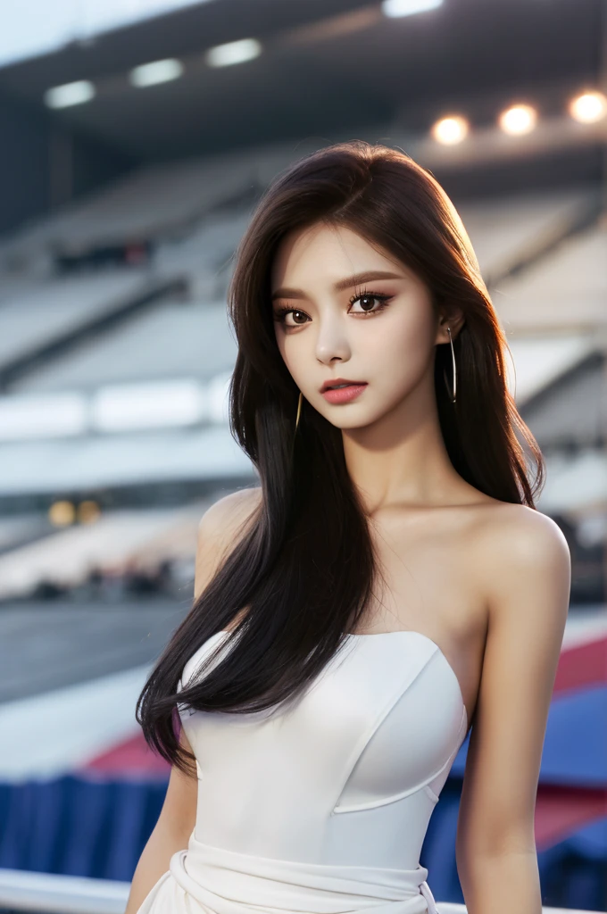 Tzuyu 1, woman, (Realistic), (Hyperrealism), (photoRealistic), Written boundary depth, eye make up:0.7 (whole body:1.2), (Large Bust),(Tight waist), Observe the audience,In the pits of a race track, Race Queen, A sexy dress with open shoulders and neckline
