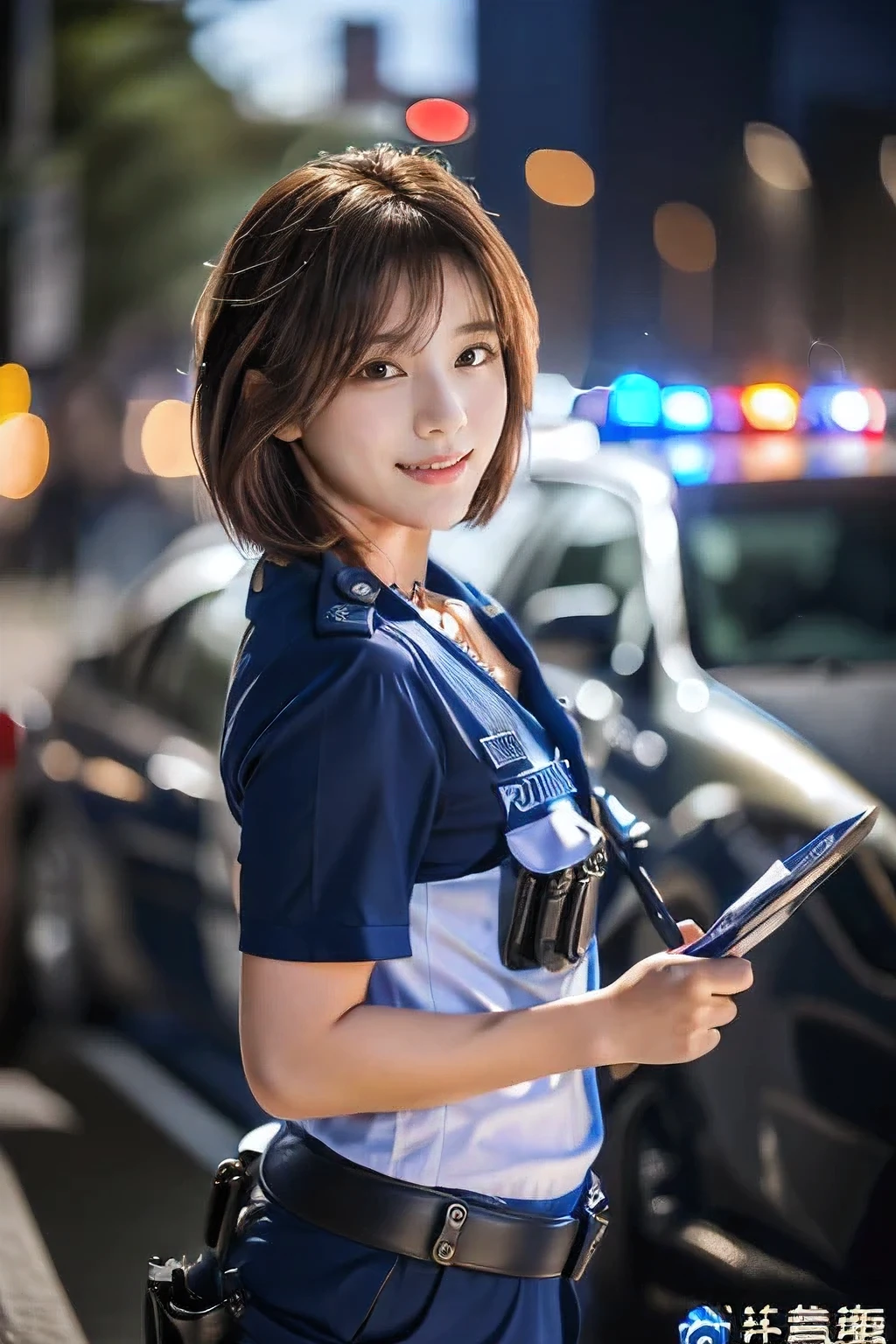 (((Best Quality, masutepiece, 超A high resolution、The most complex and detailed depictions)))、(1 Female Police Officer、Female Police Officer、police officer uniform、smil、Beautiful smile)、((((Best Clothing and Belongings for Police Officers))))、straight haired、Smile at the camera、Perfect gas chamber、Take photos from the waist up、Perfect fingers、Emphasize body lines、perfect anatomia