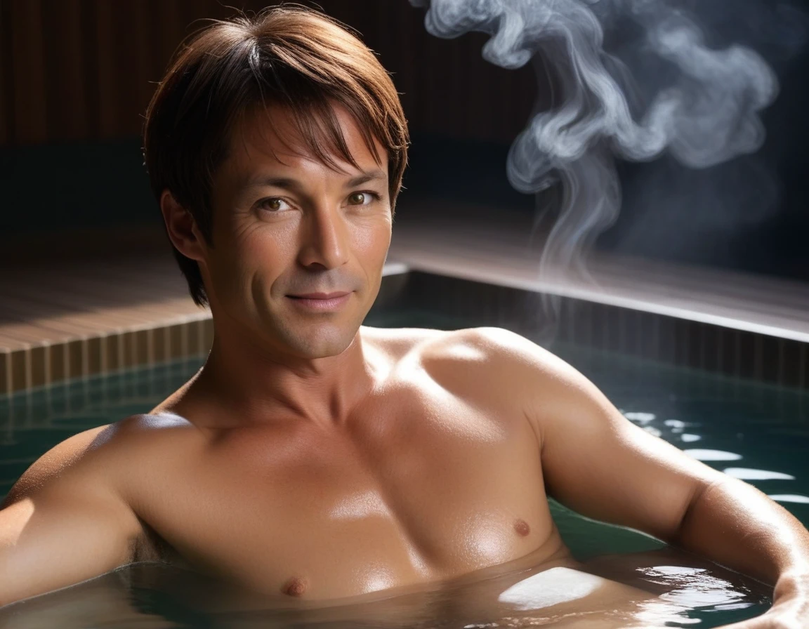 1man, male actor, brown hair, tanned skin, playboy, 45yo, mixed with American And Japanese, cute ikemen, beautiful detailed eyes, medium-short hair, center parted bangs, large eyes, brown eyebrow, chiseled face, super detailed skin, smart jaw, black eyes, super detailed nipples, nipples tweak, ugly skin, BREAK onsen, solo, nude, fullbody, underbody in onsen, sweaty, from side, wideshot, sitting, looking above, peeping photo, soft smile, lean back, spread arms, heavy white steam, perspired, heavy humid, sexy posing, dramatic expression, dutch angle, cinematic shadows, cinematic lighting, lens flare, light leaks, 8k, sharp focus, extreme all detailed