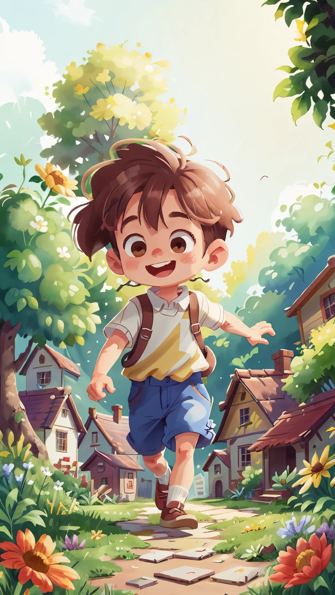 watercolor. Boys, brown hair, Smile, Very cheerful, running, Wearing gardener and white shirt, Front view, whole body, In the background is a beautiful cozy house in the countryside, Garden with flowers, Sunlight, Perfect quality, (canteen: 0.8), (masterpiece: 1.2) (Practical: 1.2) (Bokeh) (best quality) (Delicate skin: 1.3) (Intricate details) (8K) (Detail eyes) (Clear focus), (Happy)Remove