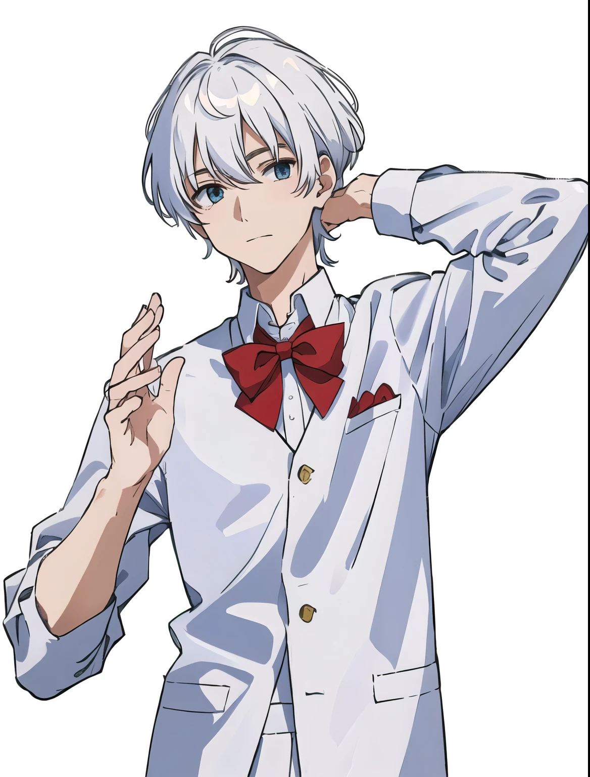White-haired man wearing a red bow tie，White clothes