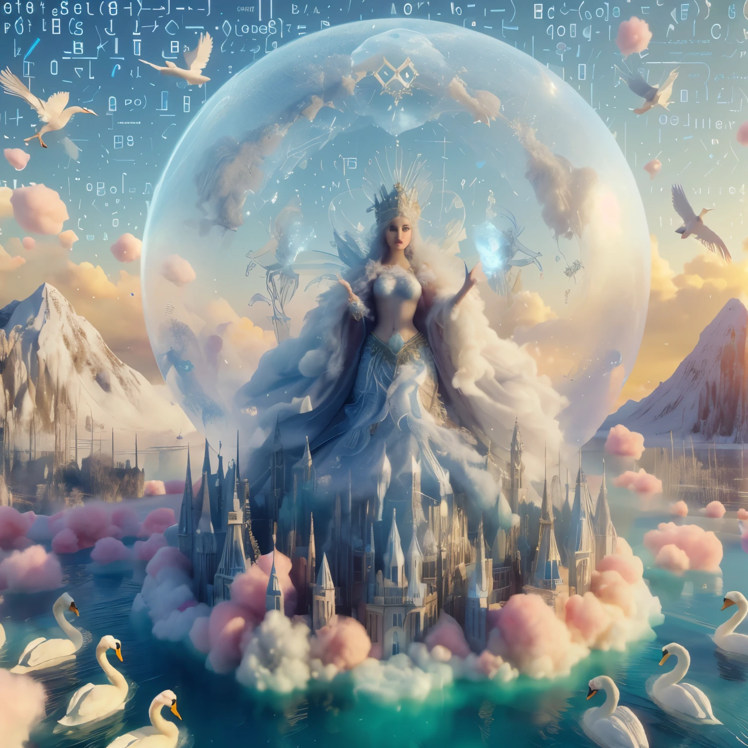 Cotton Candy Queen Women Goddess 8k Resolution Rendered Hyper Realistic Intricate Detail lives in an frosty ice bubble, a fanciful place filled with castles, cotton candy, swans lakes and fluffy clouds, An intricate visual representation of computer programing, rendered in 24k resolution with intricate details and symbols.