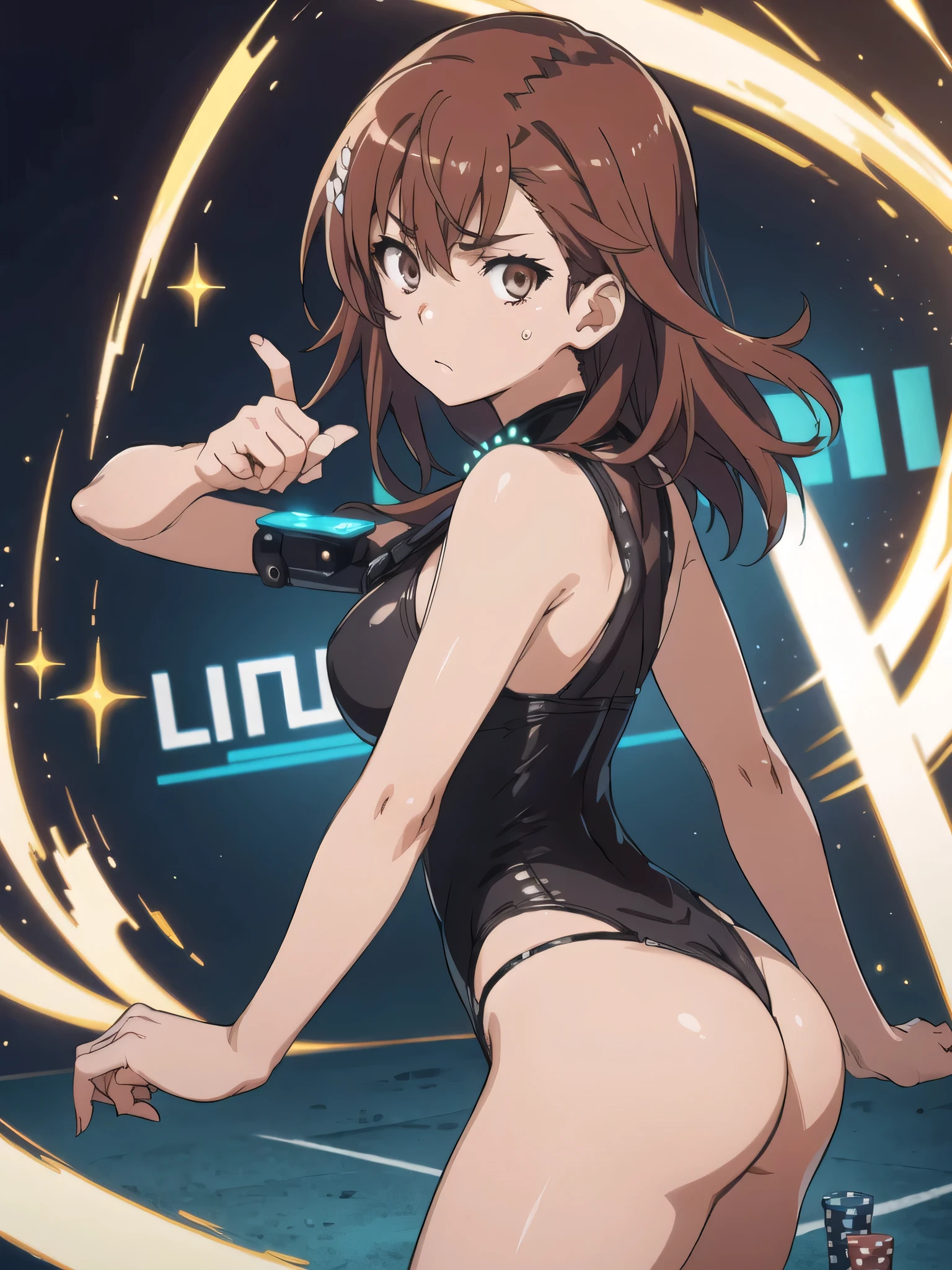 (((Pixel Perfect, Perfect details))) best quality, masterpiece, 1girl Mikoto Isaka Tokiwadai , Ass to the camera,Dynamic angle,Extremely detailed, illustration, close up, straight on,Her eyes shone like dreamy stars,(Glowing eyes:1.233),(Beautiful and delicate eyes:1.1),(Poker face,Shut up),(permanent), best hair quality, correct limbs, (Correct finger), Super detailed fingers, best clothing quality, Best prop quality, Best background detail and quality, Anatomically correct, best quality, High resolution,