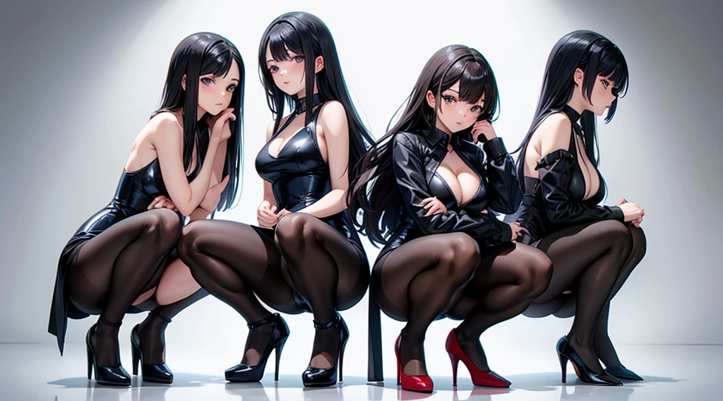 Beauty with long black straight hair, cleavage, one-piece swimsuit, pantyhose, high heels, squatting