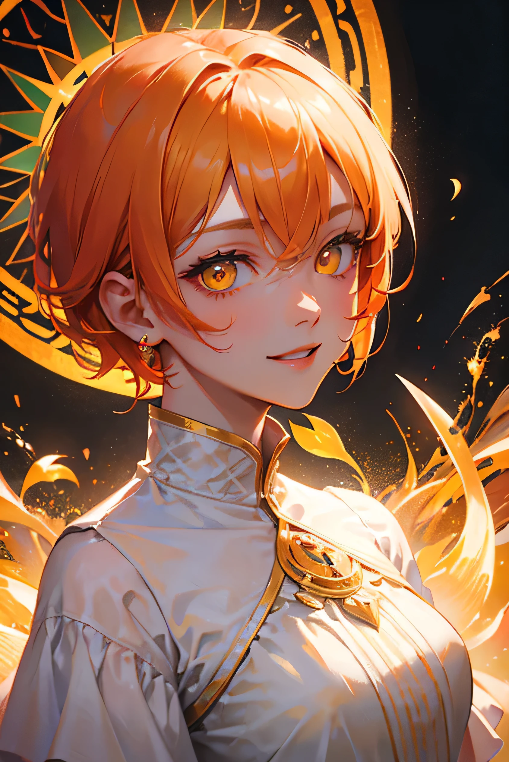 masterpiece, (highest quality), up to date、Orange Hair, (Glowing yellow eyes)、short hair, Back view、Adult woman in white dress、kaleidoscope background、Upper body close-up、(Evil Smile)