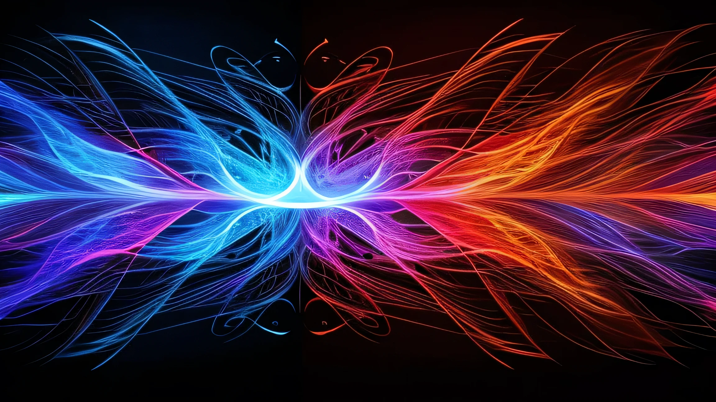 back ground image, blue fire from left side, red fire from right side, symmetry, particle