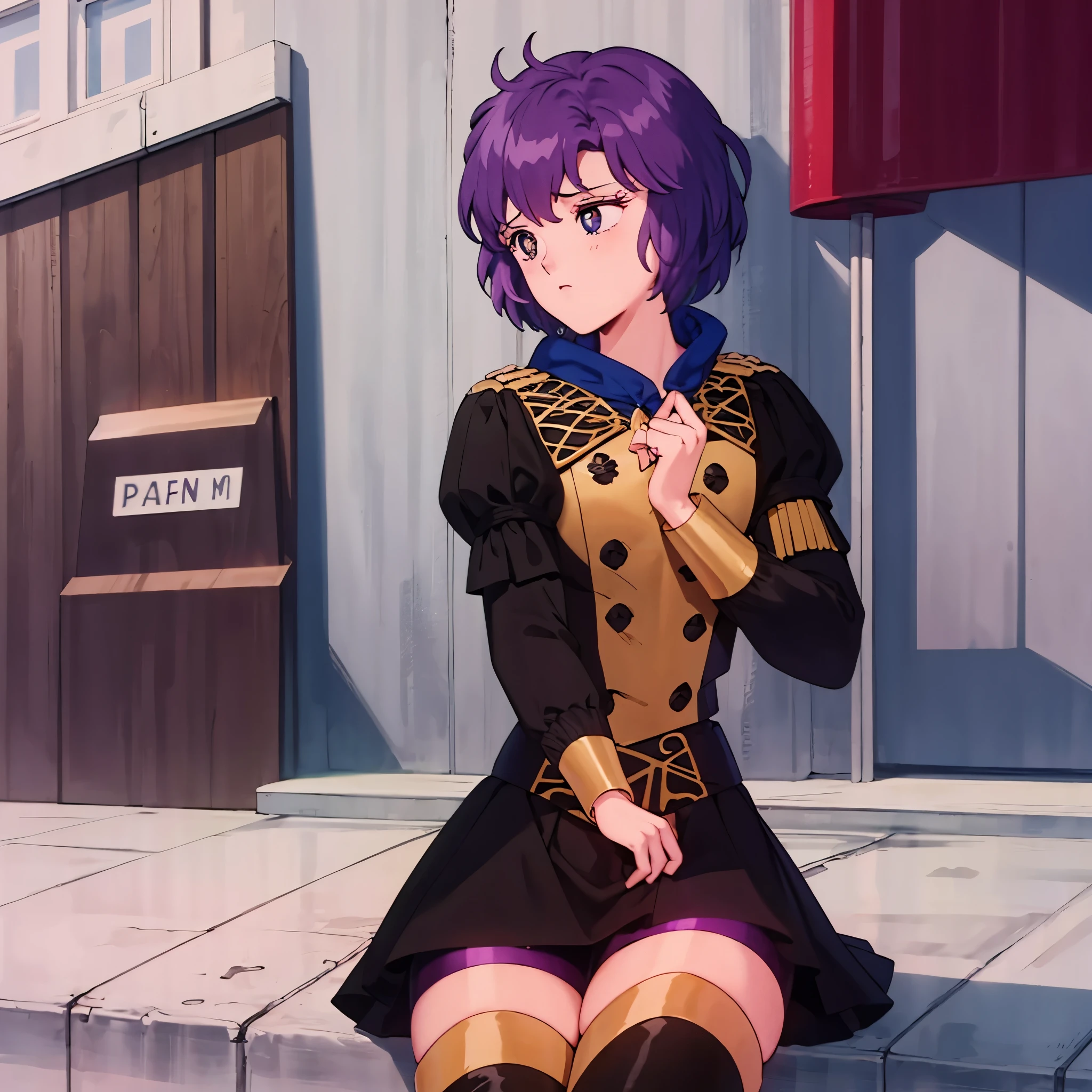 Masterpiece, solo, 1girl, upper body, defBernie, black jacket, black skirt, spandex shorts, thigh boots