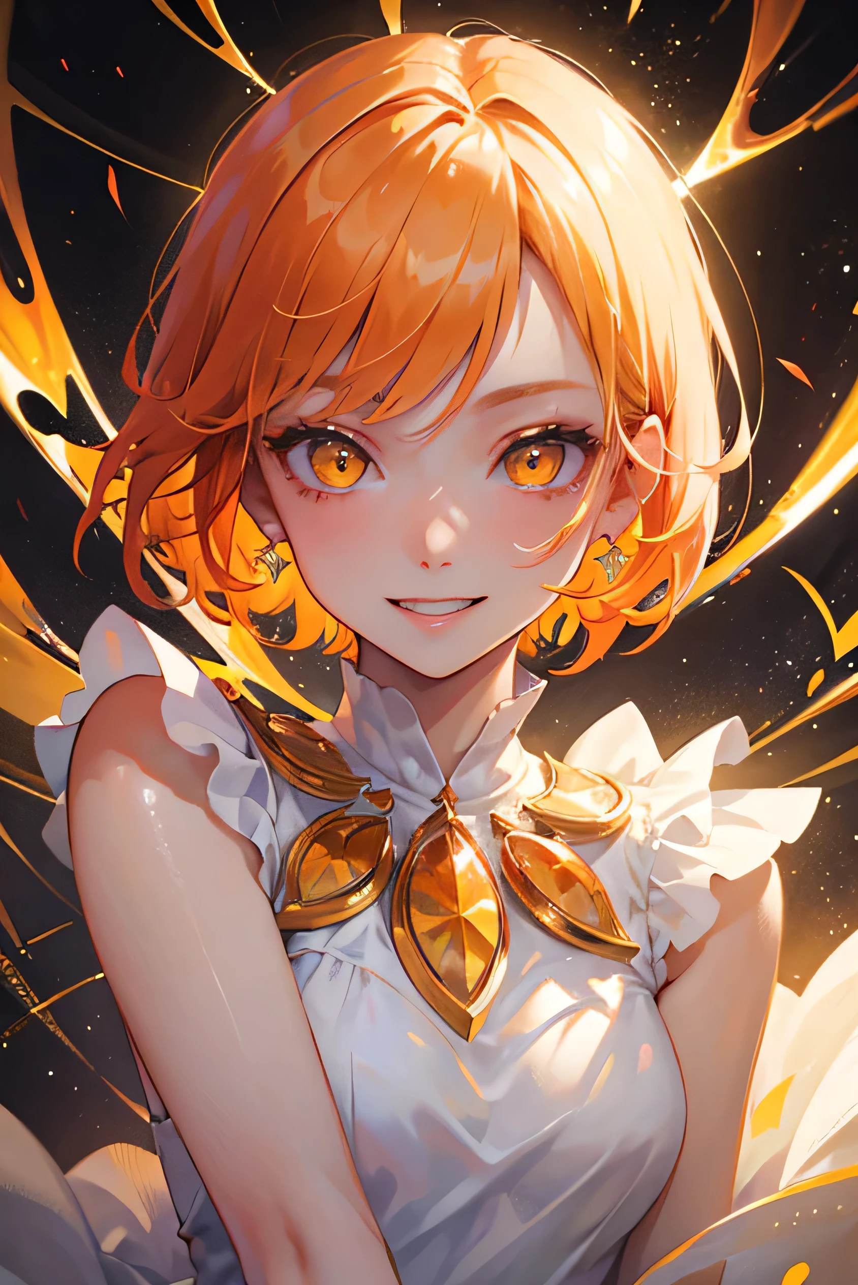 masterpiece, (highest quality), up to date、Orange Hair, (Glowing yellow eyes)、short hair, Back view、Adult woman in white dress、kaleidoscope background、Upper body close-up、(Evil Smile)、((Prank laughter))