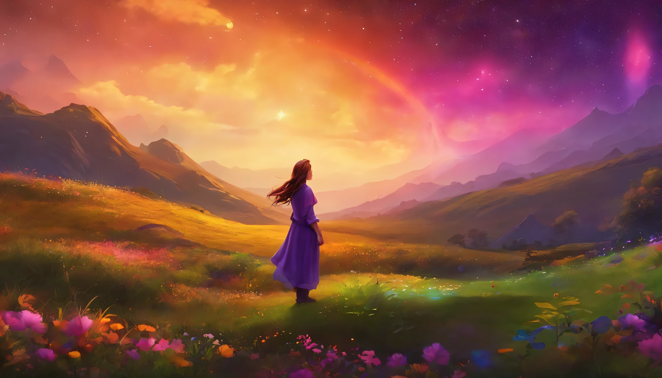 Vasta foto de paisagem, (vista de baixo, The sky is above and the open field is below), a girl standing on a flower field looking up, (lua cheia: 1.2), (meteoro: 0.9), (nebulosa: 1.3), montanhas distantes, Árvores BREAK Crafting Art, (Luz Quente: 1.2), (Vagalumes: 1.2), Luzes, Muito Roxo e Laranja, Detalhes Intrincados, volumeric lighting, Realismo BREAK (Obra-prima: 1.2), (melhor qualidade), 4k, ultra-detalhado, (dynamic compositing: 1.4), detalhes muito detalhados e coloridos, (rainbow colors: 1.2), (bright illumination, Atmospheric Illumination), sonhador, magica, (solo: 1.2)