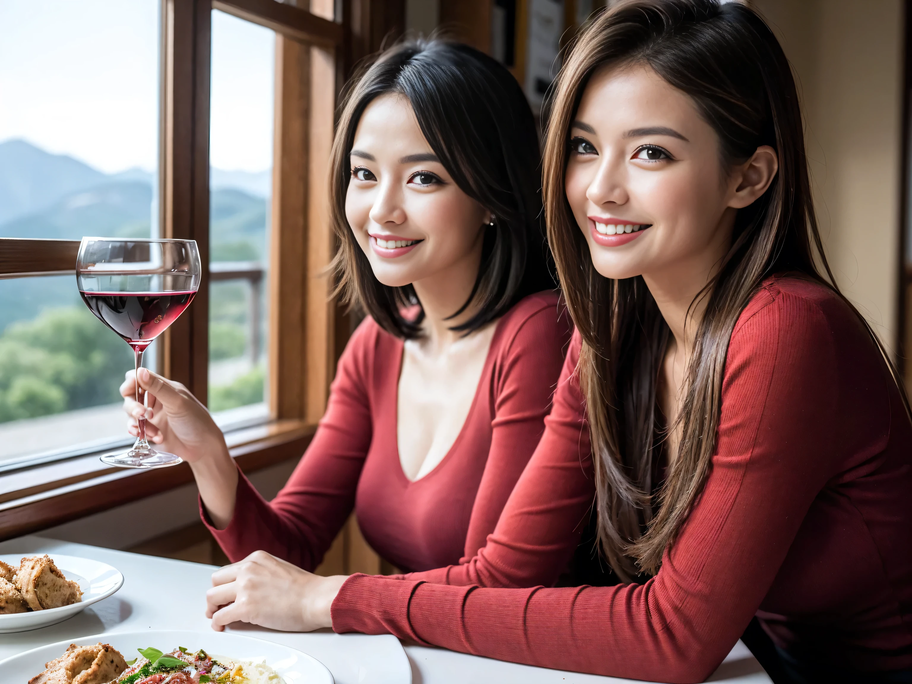 ((highest quality、8k、masterpiece:1.3))、1 male、1 woman who looks like Satomi Ishihara、Couple、Spouse、Couple、The body is slim、((Bob Hale、Straight hair:1.2)), (Realistic, Intricate details:1.2), Wine glass on the table、Shine light on your face、 Amazing view of the sunset sky and clouds、Amazing mountain views、A bright smile、The wonderfulness of smile、Bright image、The beauty of wine, Beautiful Face, blue eyes, The light shines on your face, Blushing, short hair,Bright Face、 (Age 37), 39 years old, red wine 、Appetizers、Italian food、Wine bottle、Champagne、sparkling wine、Two beauties、Brown Hair、Shortcuts、Long sleeve shirt、dress、Pretty Woman 1, (Slim face), (The body is slim), (Brown Hair), (Shortcuts), cheeks turn a little red,Attractive beauty、restaurant, In a prominent place (From the waist up) Nova Frog Style, actress, model, Upper Body, White wine, slim, wine glass, A wine glass placed in the center, smile, (smile: 1.15), Beautiful fine grain, Depth f/2,saturation, High Contrast, Strong light and shadow,Moist Body:1.5、3D texture、Delicate eyes、Brown Hair、The hair is very shiny、