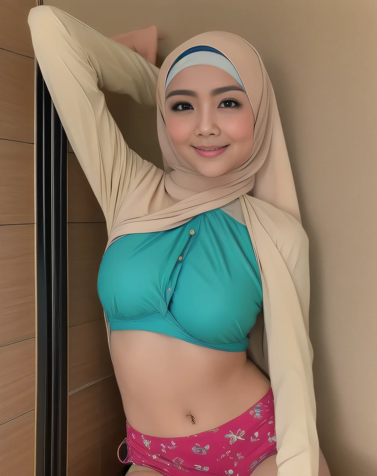 HIJAB MALAY GIRL, masutepiece, High quality, UHD 32K, Realistic face, Realistic skin feeling , A Japanese Lady, 30 years old, , Very cute and mature-like face, Women's Competition Bikini, Sitting, itting open legs, Spread Leg, (((facials))), (((Happiness))), (((big chest))),