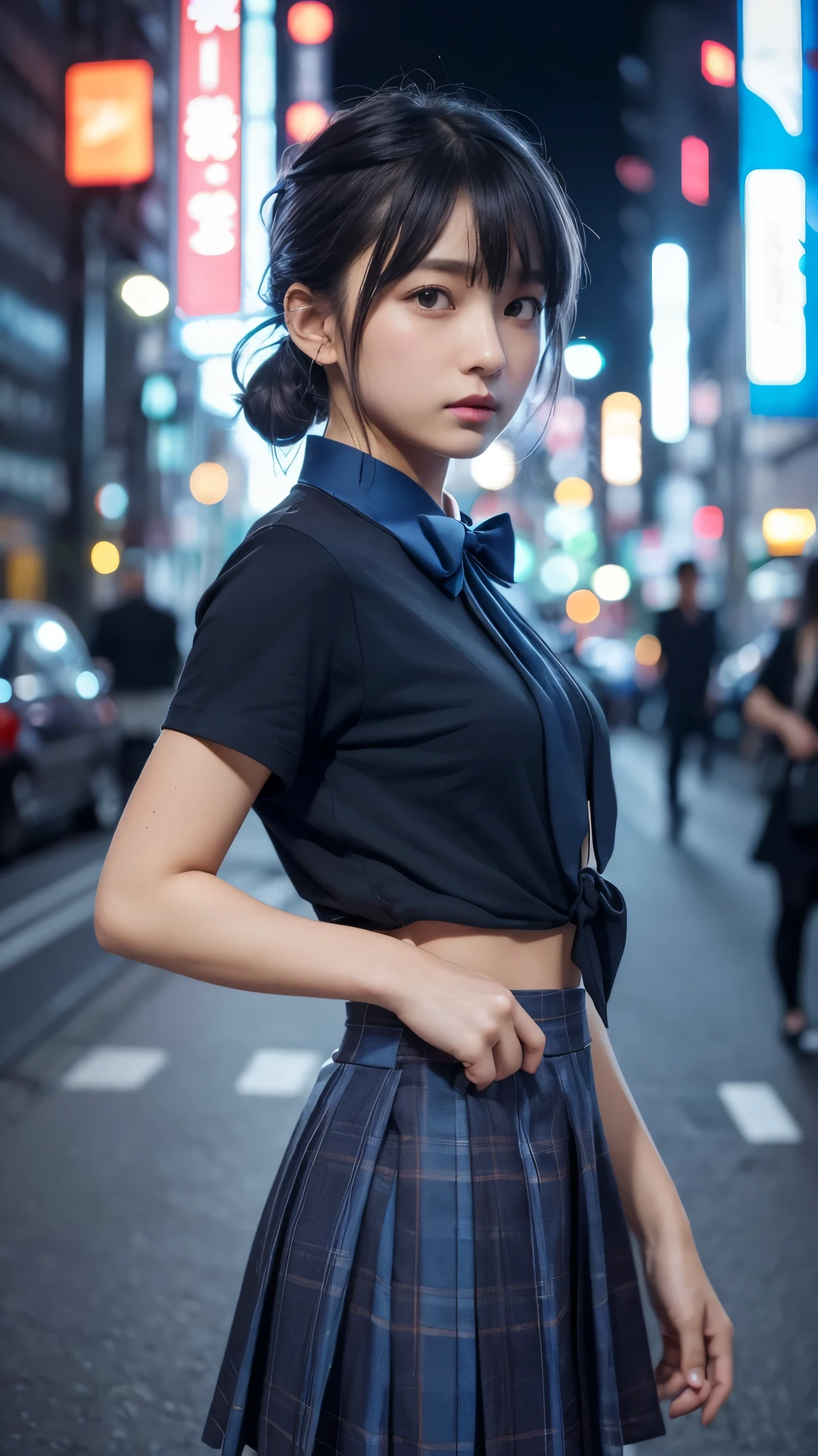 (8k, RAW Photos, masterpiece:1.3), (Realistic, photo-Realistic:1.37), (night), (View Viewer:1.331), (Gray Hair), Pause, Tokyo Street, nightcityscape, Cyberpunk City, Soft Light, One girl, Very beautiful face, bust, Put your hands down, Random hairstyle, Random representation, Big eyes, Lower abdomen, (Short sleeve .JK_shirt), JK_style, (dark blue JK_skirt), (bow JK_tie), Mix 4., highest quality