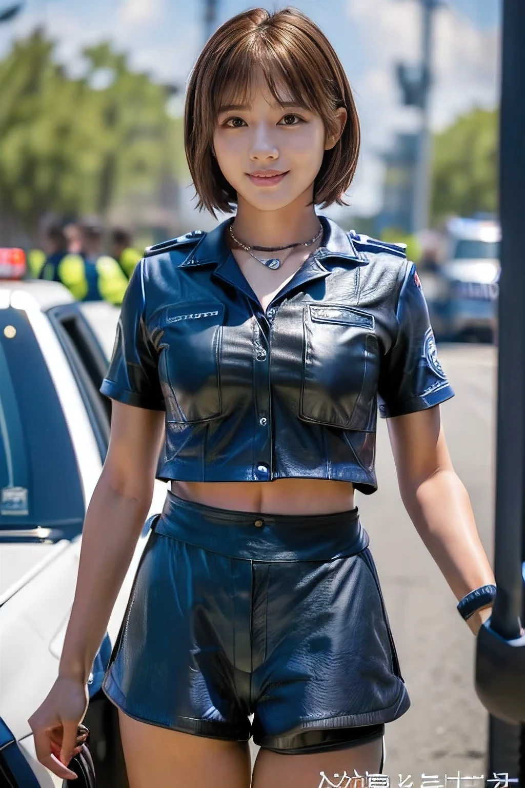 (An 18-year-old female police officer directing traffic at an intersection:1.5)、(Gentle smile:1.2)、(The best quality at its best:1.4), (Super detailed), (Very detailed CG unified 16k), Beautiful woman with perfect figure: 1.4, Sharp focus: 1.2, Very detailed, High-quality RAW color photos, Professional photography, Great face and eyes, cosmetics, (Amazingly beautiful girl), ((police officer uniform、Leather shorts:1.5)), Sexy posture,(View from below), Realistic movie faces, Full body long view from head to toe, Realistic, ((Realistic natural orange red hairstyle, Realistic blue eyes)), ( Short Bob Hair:1.5), (necklace:1.5)、, Very beautiful face, Perfect model beauty, Mouth swelling, Highly detailed face and skin texture, Fine grain, double eyelid, Medium chest, smile, (masterpiece), highest quality, High resolution, Very detailed, Blurred Background, Depth of written boundary, Cinema Lighting, Great legs, , Clear, well-maintained skin,
