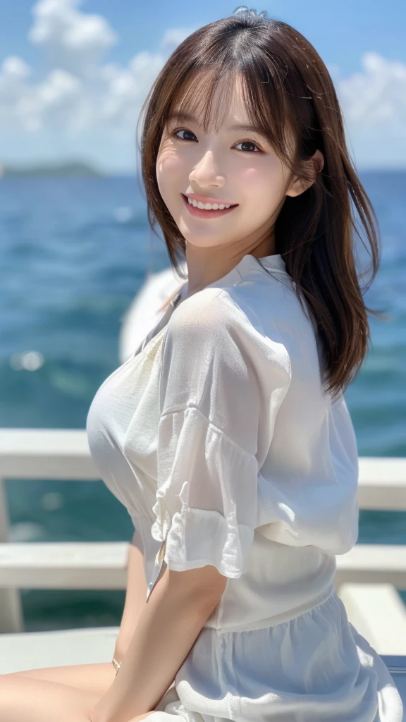 table top、(highest quality、4k、8k、High resolution、master piece: 1.2)、Super detailed、(real、photorealistic、photorealistic: 1.37)、full body shot、Complex and beautiful eyes、woman、long hair、natural color lip、whiteTshirt、bold and sexy pose、smile、Ocean、20 year old girl、Cute and sexy shot looking at the camera。