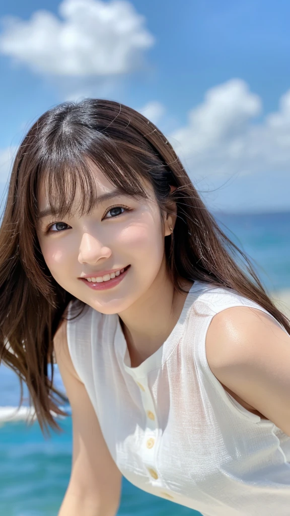 table top、(highest quality、4k、8k、High resolution、master piece: 1.2)、Super detailed、(real、photorealistic、photorealistic: 1.37)、full body shot、Complex and beautiful eyes、woman、long hair、natural color lip、whiteＴshirt、bold and sexy pose、smile、Ocean、20 year old girl、Cute and sexy shot looking at the camera。