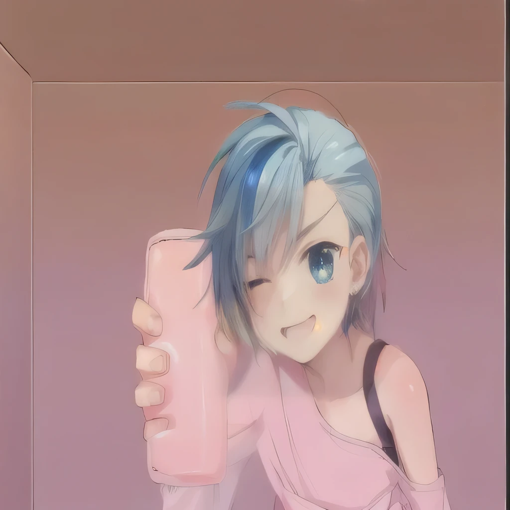 Blue haired anime boy holding a pink blob、Shota、juvenile、cute