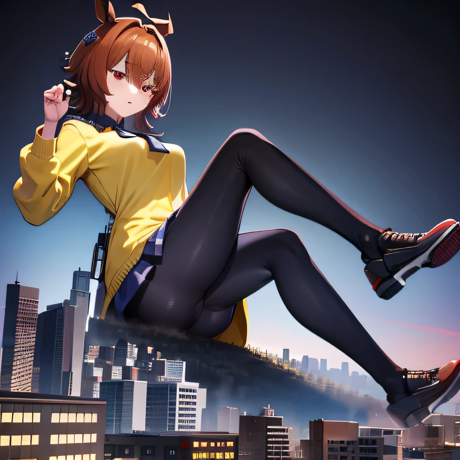 giantess, Running woman, Giant high school girl bigger than a skyscraper, huge tit, very small metropolis, Full body depiction, black pantyhose, pantyhose foot, tiny city, micro city, Labcoat and yellow sweater, Navy blue tie, Red Eyes, Adult women, Long legs, AgnesTachyon_umamusume