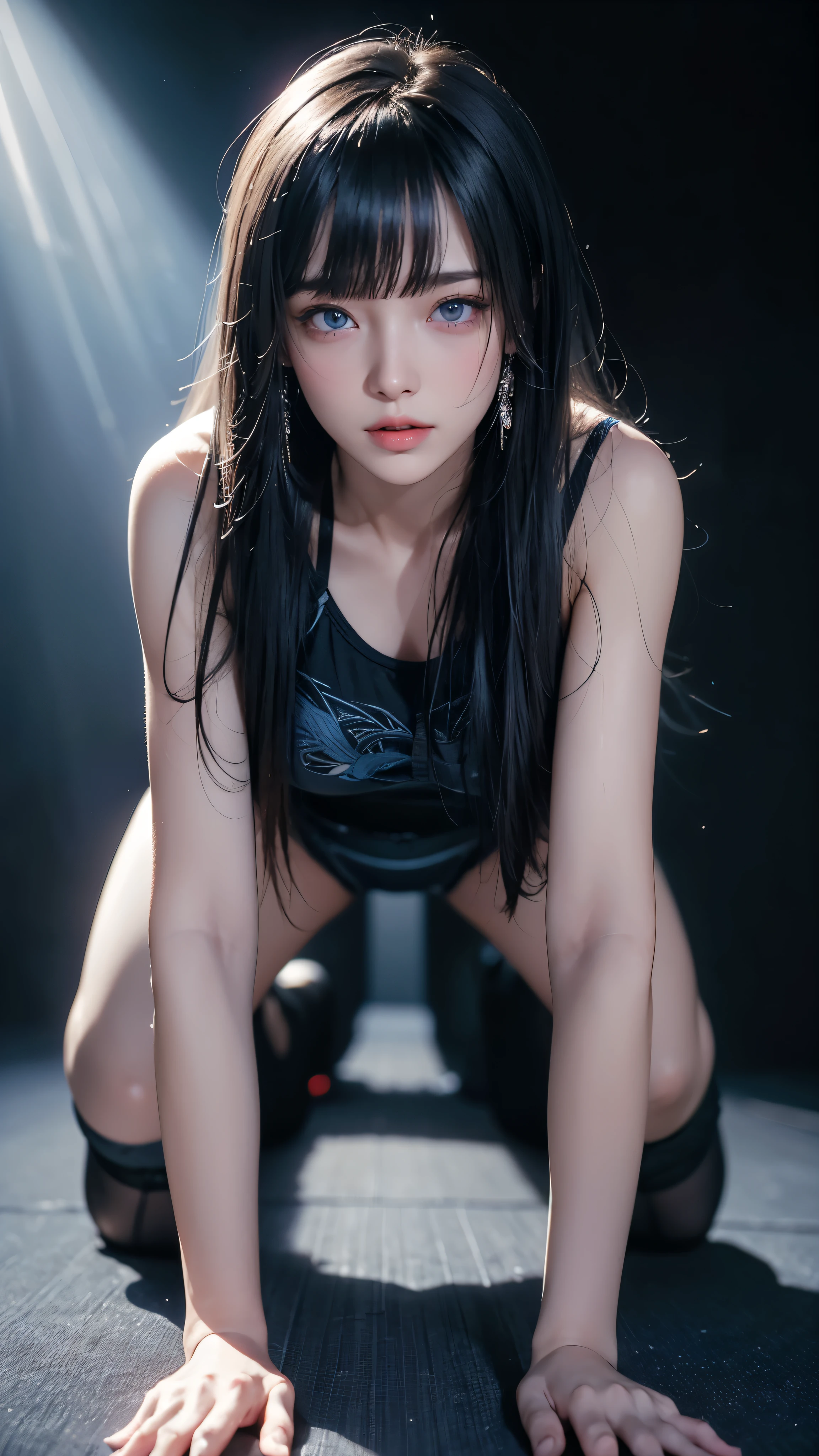 masterpiece, highest quality, Super detailed, Facing the camera, Super detailed, Realistic, Sharp features, Very detailed, Sharp focus, Perfect Face, Perfect Face, Perfect symmetrical perfect eyes, Perfect Plump Lips, Flexible female form, Cinematic, Film Light, Super detailed, hyper Realistic, masterpiece, Atmospheric, High resolution, Vibrant, Dynamic Studio Lighting, ((Dark Background)), The expression when enduring pleasure, Straight bangs, blue eyes,Sexually aroused expression、Her black thong shorts are visible through the fabric、(((Get on all fours)))、Crying