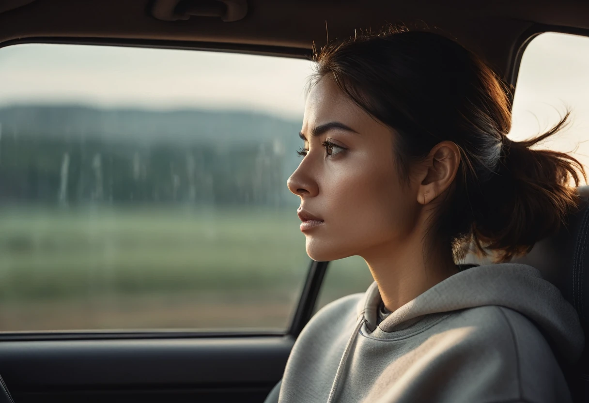 a woman inside a car, seen from the side, with a distant expression on her face, looking thoughtful and lost in her own thoughts, wearing a sweatshirt, (best quality,4k,8k,highres,masterpiece:1.2),ultra-detailed,(realistic,photorealistic,photo-realistic:1.37),intricate details,cinematic lighting,warm color tones,dramatic atmosphere,depth of field,moody,contemplative,pensive expression,side profile,car interior,dashboard,window reflections,depth of field,natural lighting,cinematic composition