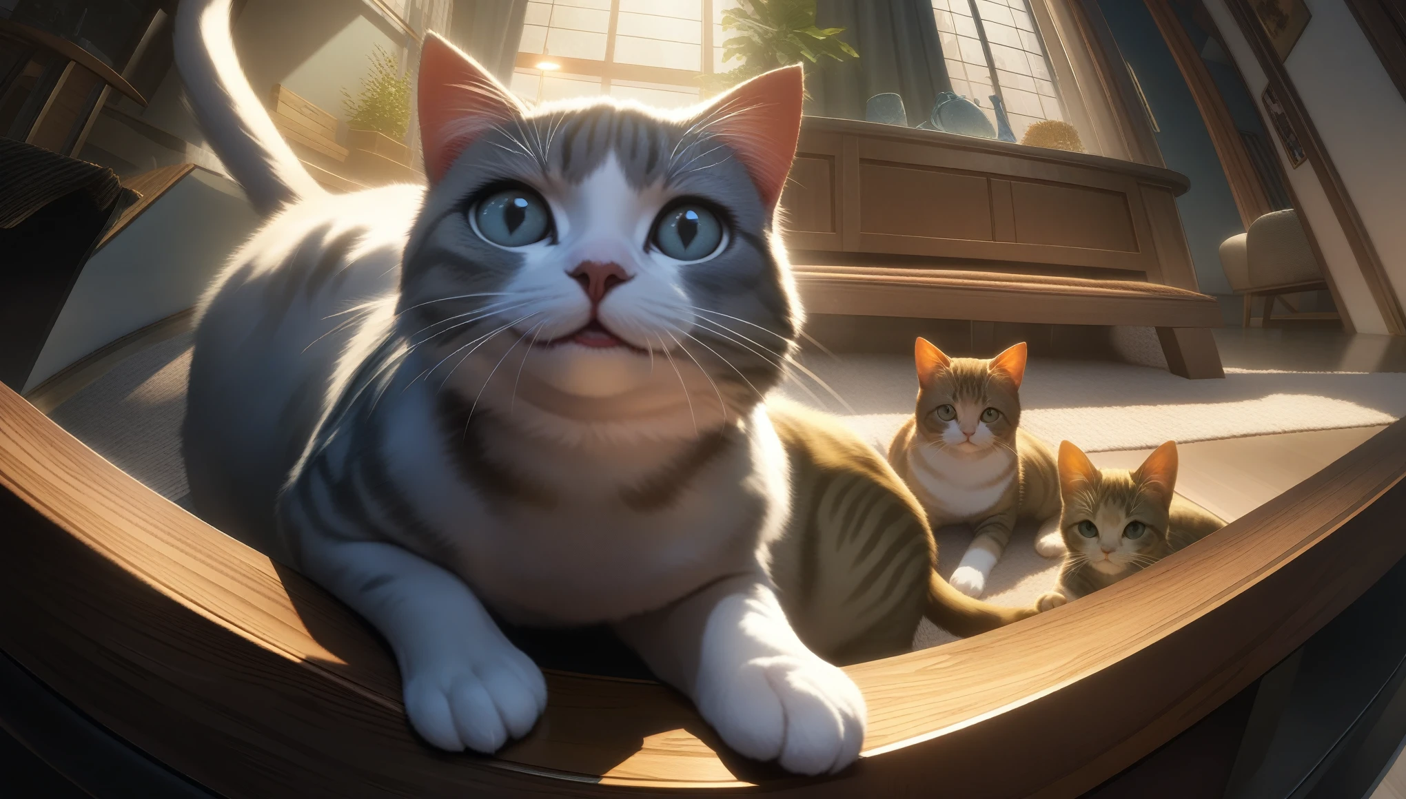 32k, best quality, ultra high res, HDR, UHD, extremely detailed CG, unity 32k wallpaper, Three-haired cat, Indoor living room background, Looking up, 餌をねだるThree-haired cat, Close-up,