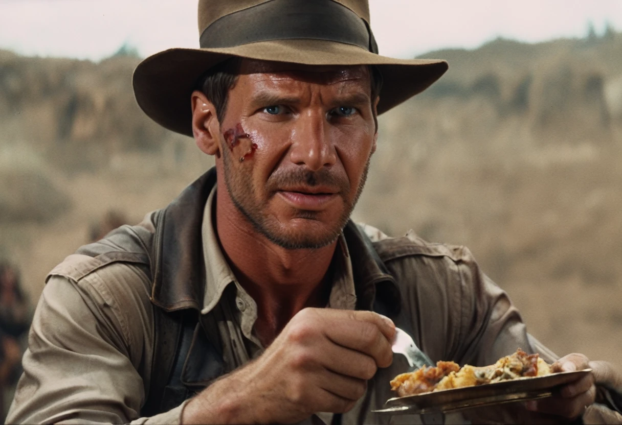 Indianajones Person eating meal, middle East background, Sideshow, eerie moody, iconic hat, film grain movie scene.