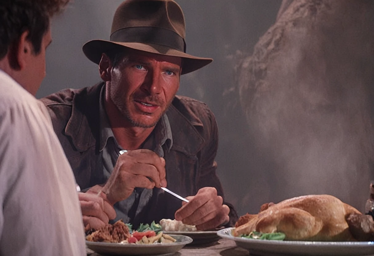 Indianajones Person eating meal, middle East background, Sideshow, eerie moody, iconic hat, film grain movie scene.