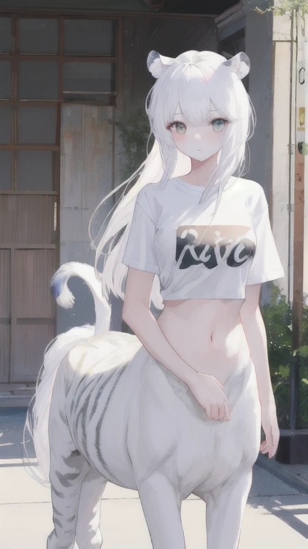 (best quality, masterpiece), 1 girl, centaur, It takes, White skin, Korean , Smiling, exposing the abdomen,belly button t-shirt, 아름다운 소녀 perfect white tiger photo, perfect white tiger photo