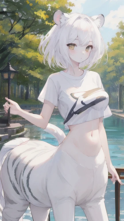 (best quality, masterpiece), 1 girl, centaur, It takes, White skin,belly button t-shirt, beautiful girl perfect white tiger photo, perfect white tiger photo