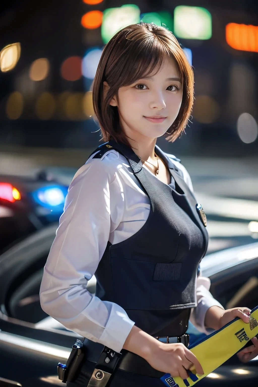 (An 18-year-old female police officer directing traffic at an intersection:1.5)、(Gentle smile:1.2)、(The best quality at its best:1.4), (Super detailed), (Very detailed CG unified 16k), Beautiful woman with perfect figure: 1.4, Sharp focus: 1.2, Very detailed, High-quality RAW color photos, Professional photography, Great face and eyes, cosmetics, (Amazingly beautiful girl), ((police officer uniform:1.5)), Sexy posture,(View from below), Realistic movie faces, Full body long view from head to toe, Realistic, ((Realistic natural orange red hairstyle, Realistic blue eyes)), ( Short Bob Hair:1.5), (necklace:1.5)、, Very beautiful face, Perfect model beauty, Mouth swelling, Highly detailed face and skin texture, Fine grain, double eyelid, Medium chest, smile, (masterpiece), highest quality, High resolution, Very detailed, Blurred Background, Depth of written boundary, Cinema Lighting, Great legs, , Clear, well-maintained skin,