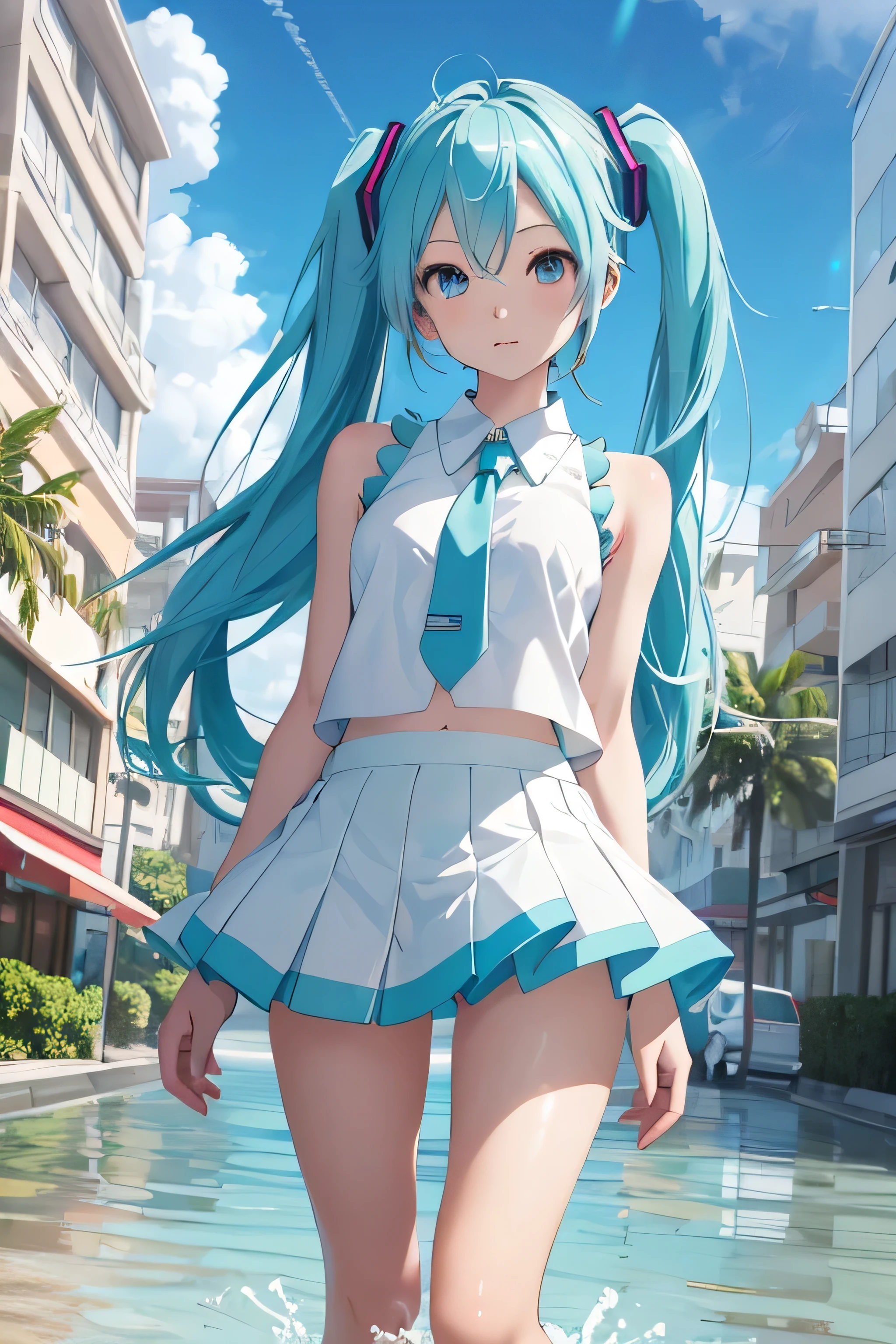 highest quality, Hatsune Miku(Accurate anatomy, Sleeveless outfit,White blouse, mini skirt), Shopping Street, Submerged Street, Waveless sea surface, Beautiful girl standing on the water, Blue sky and cumulonimbus clouds, Like a scene from a movie, 