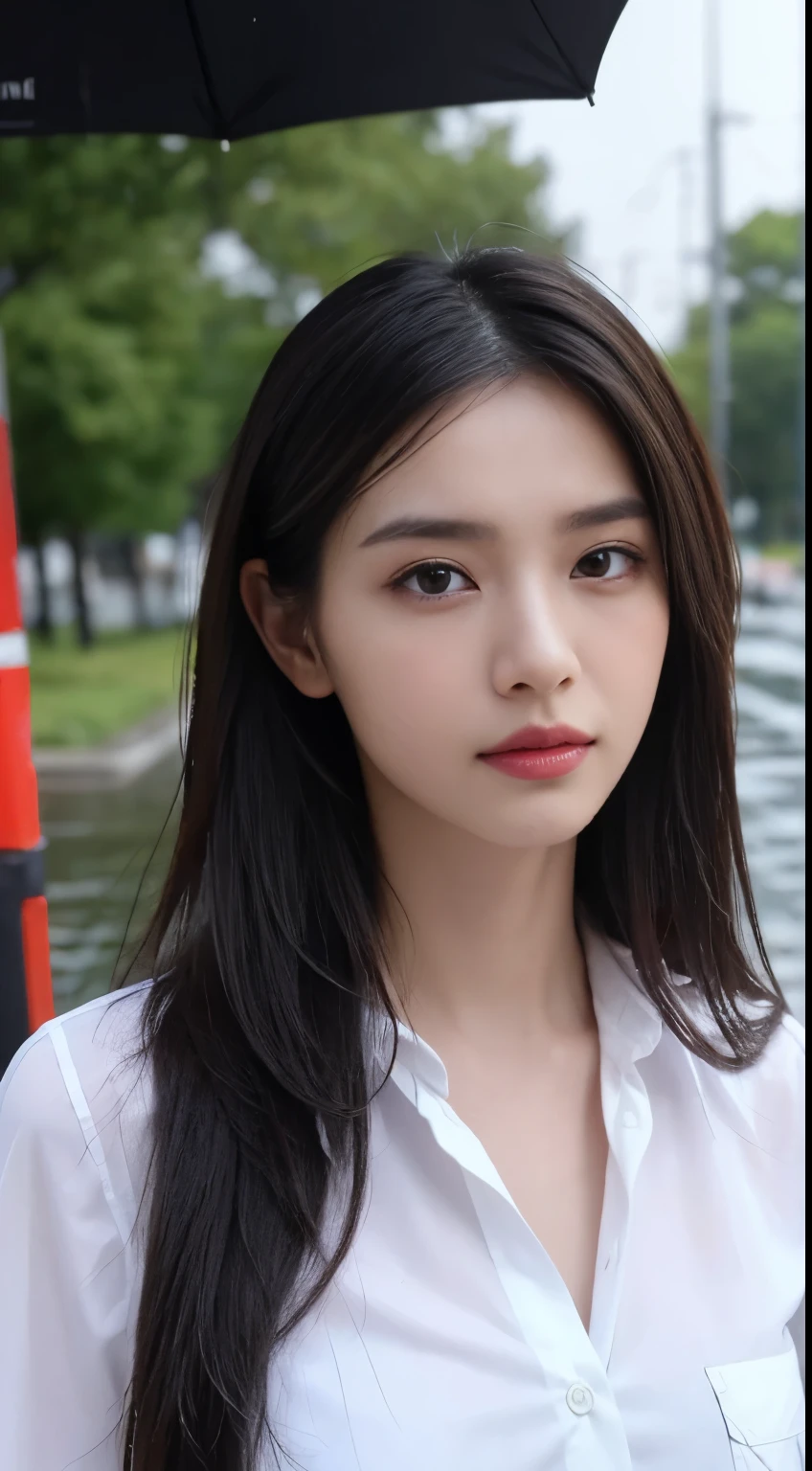 ((Best Quality, 8K, masutepiece: 1.3)), sharp: 1.2, Perfect Body Beauty: 1.4, Slim abs: 1.2, ((Long Hair 1.2)), ((Wet white button long shirt: 1.1)), crop navel, (Rain, Street: 1.2), Wet: 1.5, Highly detailed facial and skin texture, Fine eyes, Double eyelids, Looking at the camera