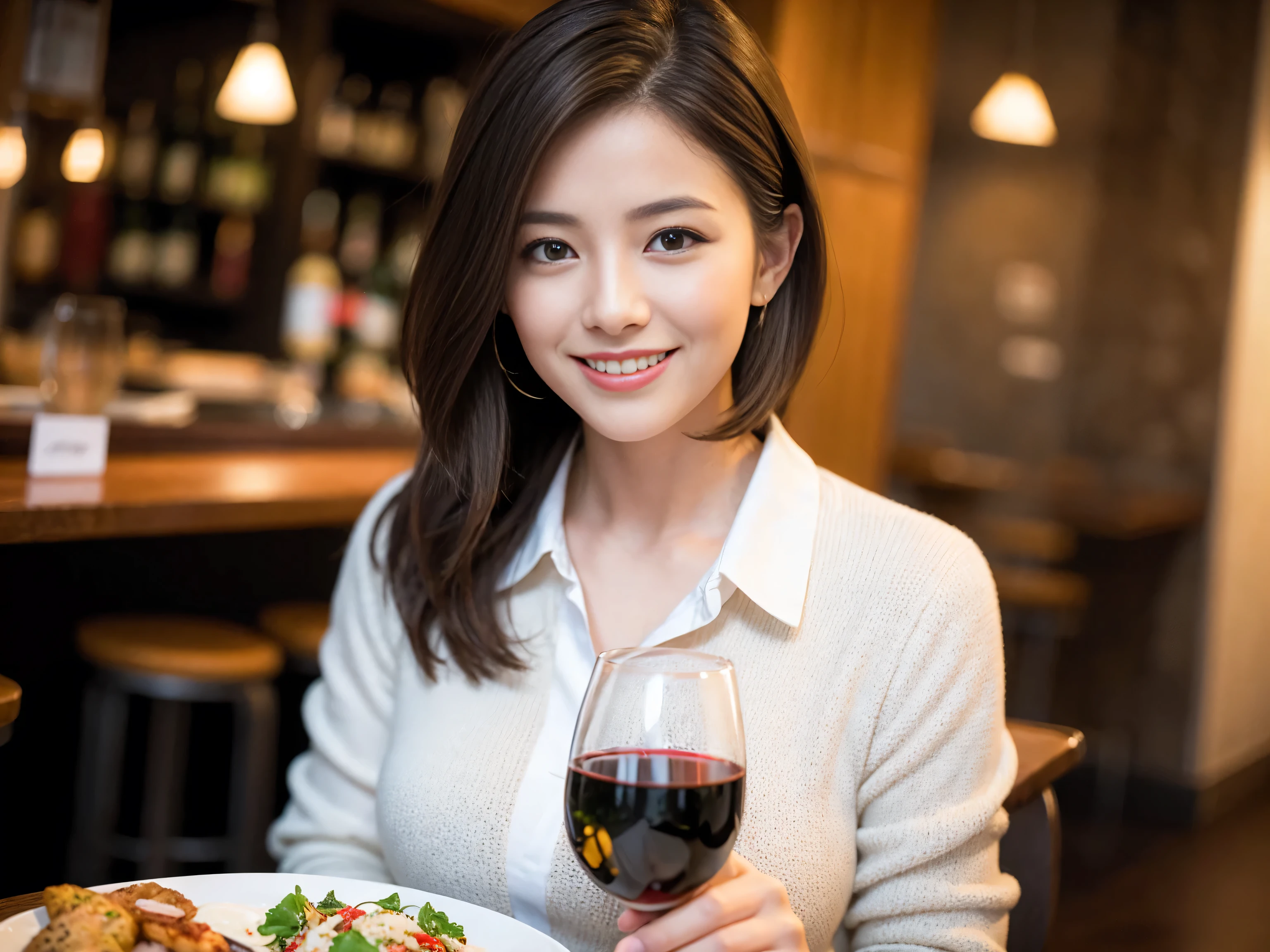 ((highest quality、8k、masterpiece:1.3))、1 male、1 woman who looks like Satomi Ishihara、Couple、Spouse、Couple、The body is slim、((Bob Hale、Straight hair:1.2)), (Realistic, Intricate details:1.2), Wine glass on the table、Shine light on your face、 Amazing view of the sunset sky and clouds、Amazing mountain views、A bright smile、The wonderfulness of smile、Bright image、The beauty of wine, Beautiful Face, blue eyes, The light shines on your face, Blushing, short hair,Bright Face、 (Age 37), 39 years old, red wine 、Appetizers、Italian food、Wine bottle、Champagne、sparkling wine、Two beauties、Brown Hair、Shortcuts、Long sleeve shirt、dress、Pretty Woman 1, (Slim face), (The body is slim), (Brown Hair), (Shortcuts), cheeks turn a little red,Attractive beauty、restaurant, In a prominent place (From the waist up) Nova Frog Style, actress, model, Upper Body, White wine, slim, wine glass, A wine glass placed in the center, smile, (smile: 1.15), Beautiful fine grain, Depth f/2,saturation, High Contrast, Strong light and shadow,Moist Body:1.5、3D texture、Delicate eyes、Brown Hair、The hair is very shiny、
