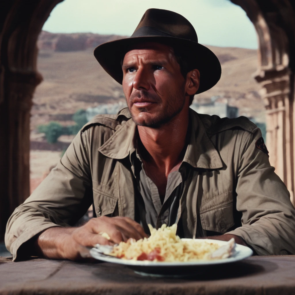 Indianajones Person eating meal, Morroco city in the background, Sideshow, eerie moody, iconic hat, film grain movie scene.