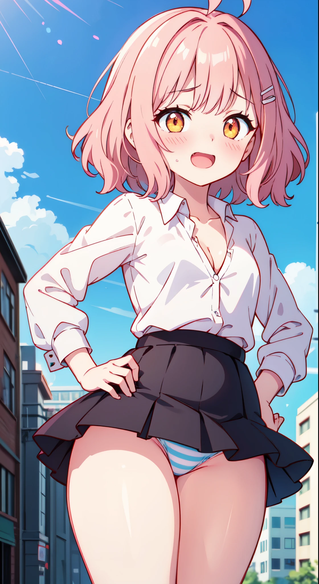 , ((High resolution)),masterpiece, high quality, 最high quality, beautiful, Perfect lighting, Detailed face, Very cute face, ((1 girl)), (), Short pink hair, Orange Eyes, Embarrassed look, ((blush)), Looking at the audience, ((Wavy Hair))、Ahoge、:d、Hands on hips, Standing in the city, Daytime, Dress shirt, mini skirt, (Tight clothing), (Chubby), (Thigh height), (Wide Hips), ((Thick thighs)), Panty shot、Skirt flipped up by the wind、Light blue striped panties、Small breasts,Cleavage