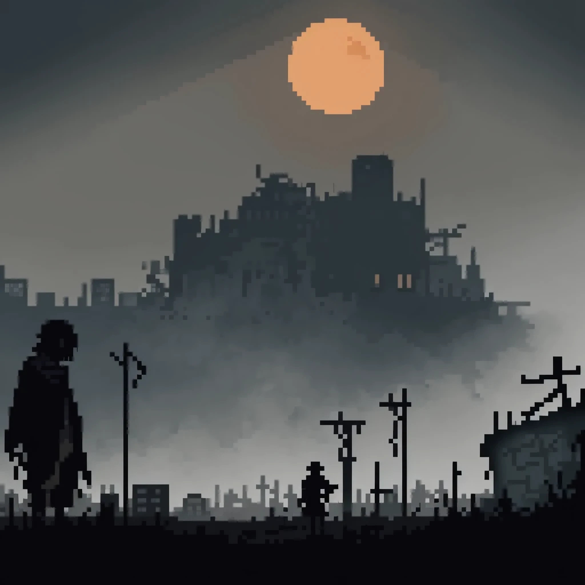 {mood:desolate_and_hopeless}
{light_source:faint_and_distant_sun_as_the_sun_of_the_dead}
{setting:abandoned_cityscape_with_decaying_buildings_and_overgrown_streets_at_dusk}
{character_expression:pensive_with_a_hint_of_torment_and_resignation}
{atmosphere:oppressive_with_a_sense_of_impending_doom_and_gloom}
{weather:chilly_with_a_light_mist_creating_a_veil_over_the_scene}
{color_palette:dark_and_muted_tones_with_high_contrast_for_a_gritty_feel}
{texture:rough_and_decayed_surfaces_with_visible_wear_and_tear}
{symbolism:sun_as_a_symbol_of_death_and_despair_with_a_dark_halo}
{character_pose:slumped_with_shoulders_hunched_and_head_lowered_in_defeat}
{accessory:tattered_shawl_or_blanket_draped_over_the_shoulders_for_comfort}
{background_detail:graffiti_of_skeletons_and_skulls_on_crumbling_walls}
{time_of_day:twilight_with_a_bleak_and_dim_light_casting_long_shadows}
{sound_effects:distant_echoes_of_silence_with_occasional_creaks_and_rustles}
{emotion_highlight:deep_sense_of_loss_and_loneliness_with_a_touch_of_nostalgia}
{art_style_emphasis:gritty_and_realistic_pixel_art_with_sharp_edges_and_detailed_textures}