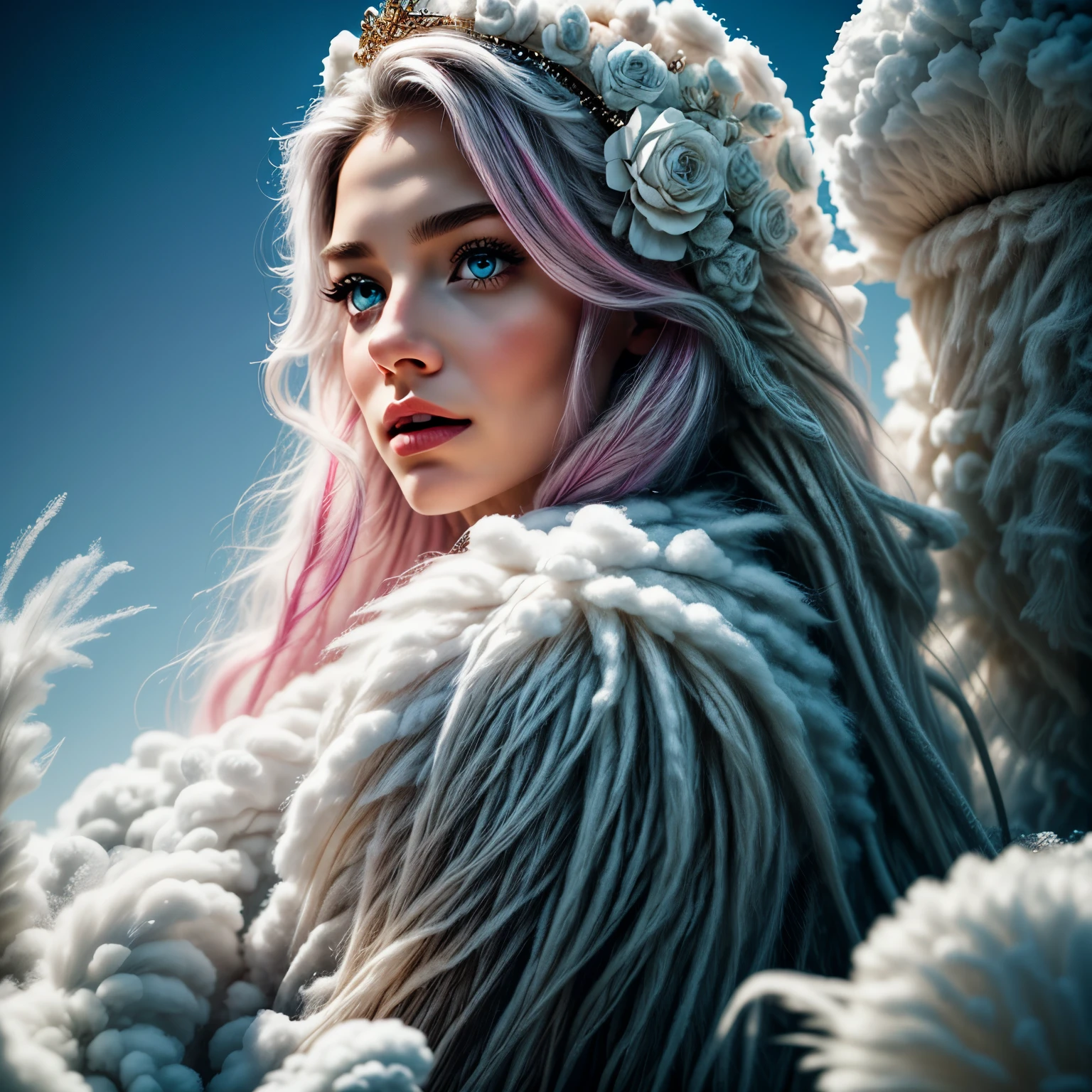 Cotton Candy Queen Women Goddess 8k Resolution Rendered Hyper Realistic Intricate Detail lives in an frosty ice bubble, a fanciful place filled with castles, cotton candy, swans white lions angel hair lakes and fluffy clouds, An intricate visual representation of computer programing, rendered in 24k resolution with intricate details and symbols.