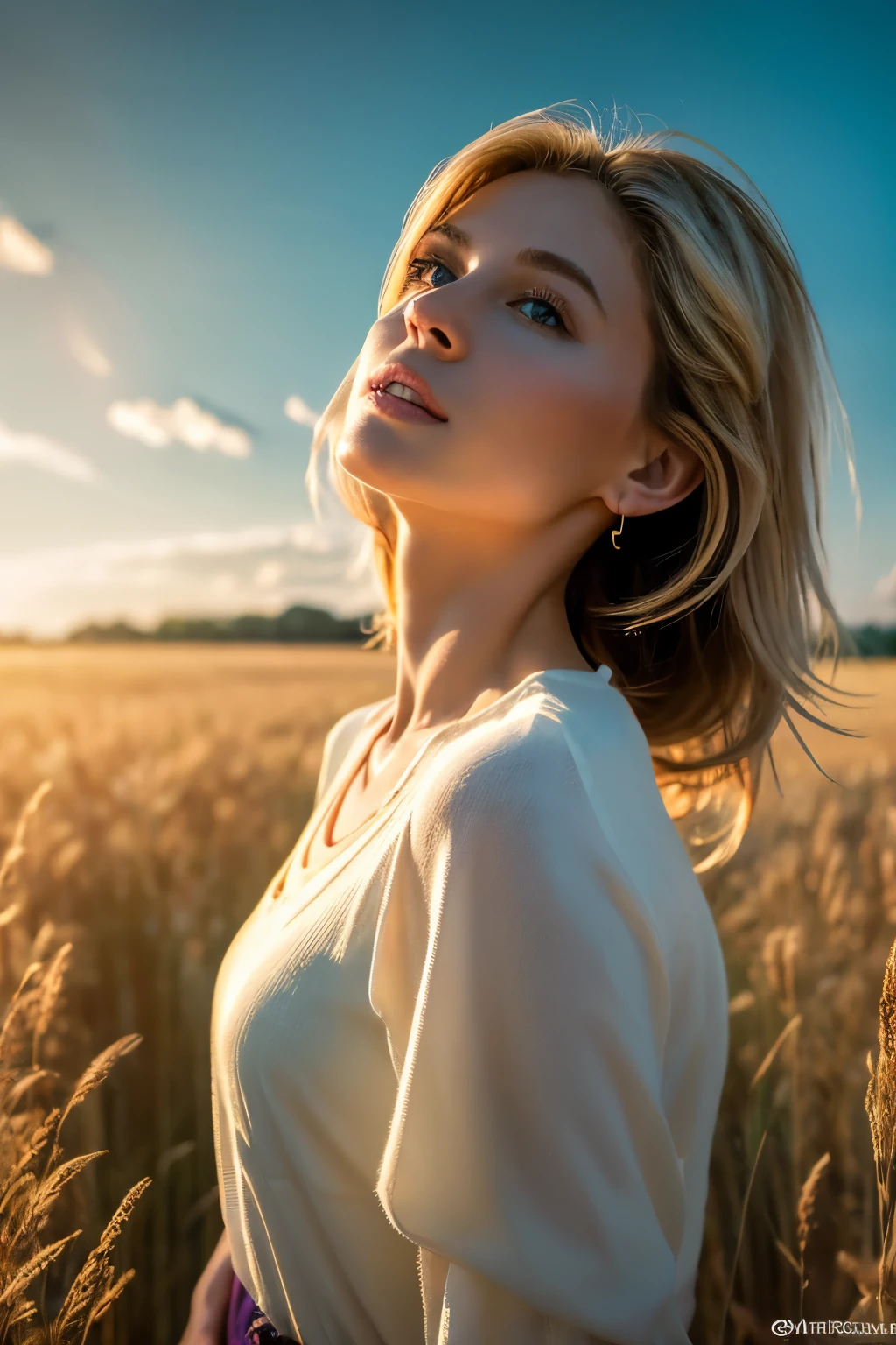 photograph of a white woman in tall grass, Andrei Tarkovsky, Anna Nikonova, warm sunlight, Antonio Rotta, reality punctuated by dreams, , Dean Cornwell, innocence, Robert Capa, summer sun, bob professional photography, soft lighting, high detail, intricate detail, photorealistic, cinematic, random angle, watercolor, airbrush, style Greg Rudkowski, Michael Garmash, ultra hd, realistic, vivid colors, highly detailed, UHD drawing, pen and ink, perfect composition, beautiful detailed intricate insanely detailed octane render trending on artstation, 8k artistic photography, photorealistic concept art, soft natural volumetric cinematic perfect light