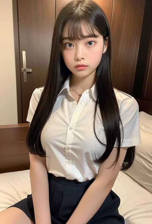 (highest quality, 8k, masterpiece ), An innocent 12-year-old junior high school girl
, Black Hair、f cup breasts、Chest that looks like the shirt is about to tear、bangs:0.6,Glamour thighs:1.2、Very tight see-through uniform shirt:1.4、mini skirt, Highly detailed face, double eyelid,、round face:1.2、whole body、Thick thighs:1.1、loafers、round face、Diagonally from behind、On the bed、
