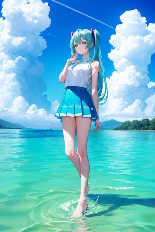 highest quality, Hatsune Miku(Accurate anatomy, Sleeveless outfit,White blouse, mini skirt), Shopping Street, Submerged Street, Waveless sea surface, Beautiful girl standing on the water, Blue sky and cumulonimbus clouds, Like a scene from a movie,