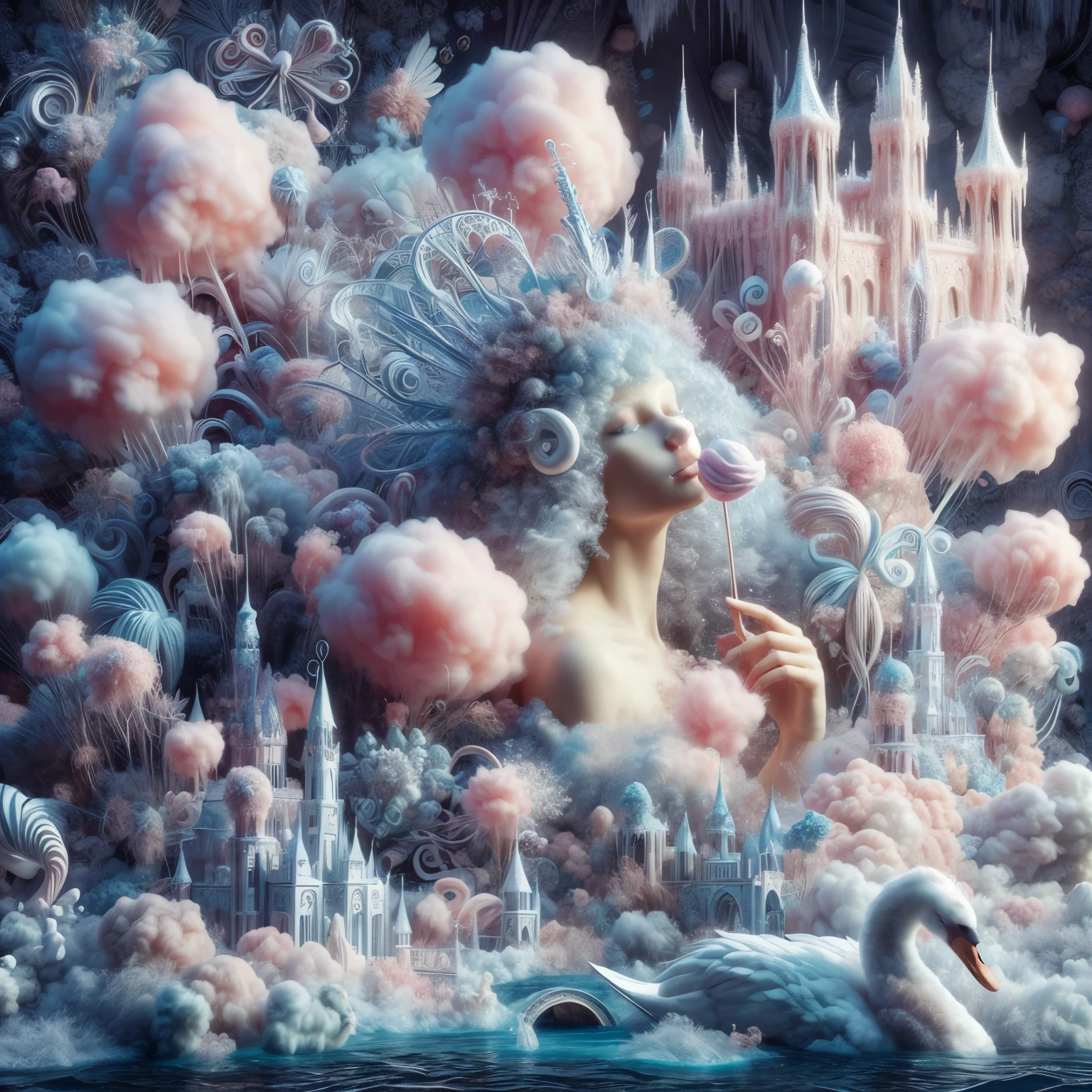 Cotton Candy Queen Women Goddess 8k Resolution Rendered Hyper Realistic Intricate Detail lives in an frosty ice bubble, a fanciful place filled with castles, cotton candy, swans white lions angel hair lakes and fluffy clouds, An intricate visual representation of computer programing, rendered in 24k resolution with intricate details and symbols.