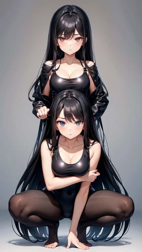 A girl with long straight black hair, flat chest and cleavage, squats barefoot in a one-piece swimsuit and pantyhose